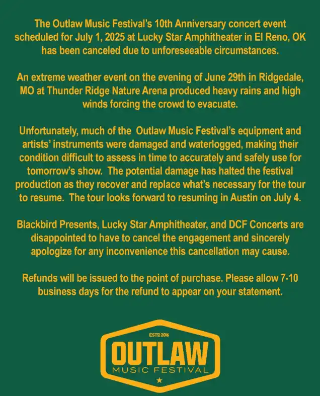Join Outlaw Music Festival Night of Legends in El Reno 2 Outlaw Music Festival El Reno, OK Announcement