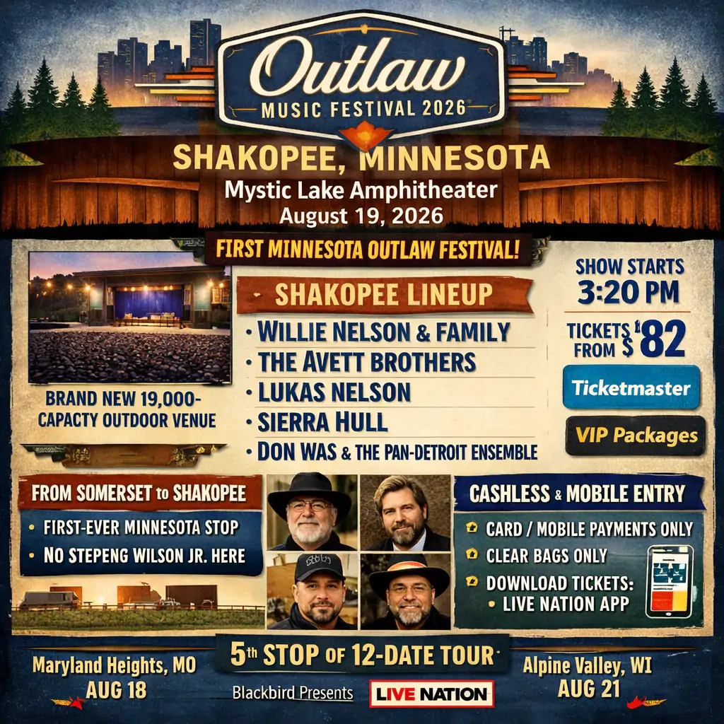 Outlaw Festival Hits Shakopee, MN for the First Time in 2026 4 Willie Nelson Shakopee Concert infographic