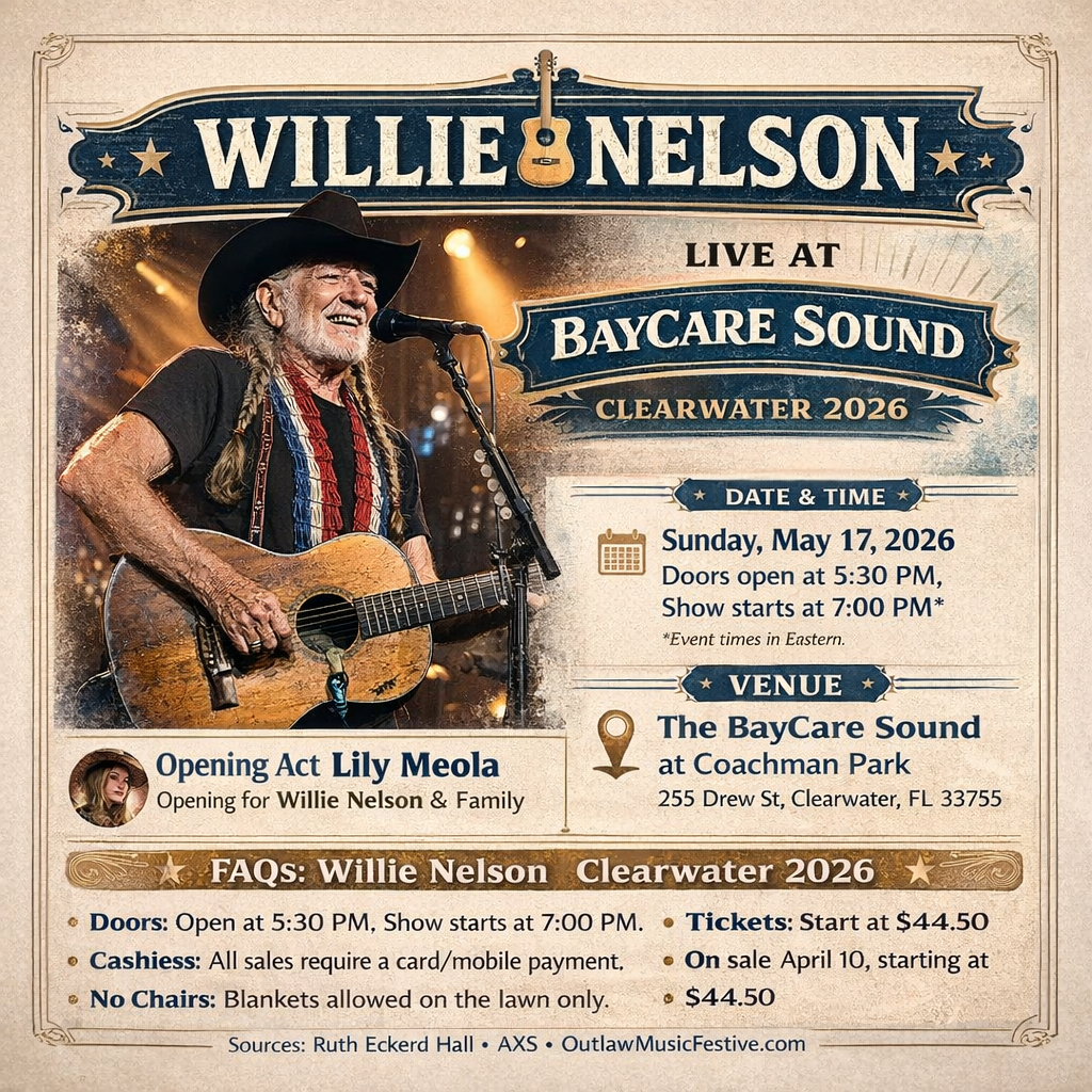 Willie Nelson Live at BayCare Sound Clearwater 2026 Tickets, Setlist and Tips 4 Willie Nelson live at BayCare Sound infographic